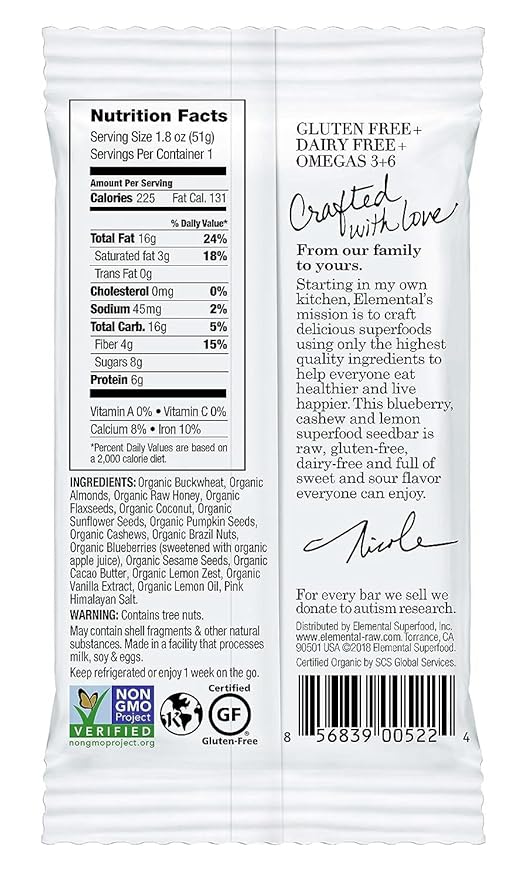 Elemental Superfood Seedbars Blueberry Cashew Lemon 1.8 Ounce - 12 Pack 100% Certified Organic Non-GMO Verified Gluten Free Dairy Free Plant Based