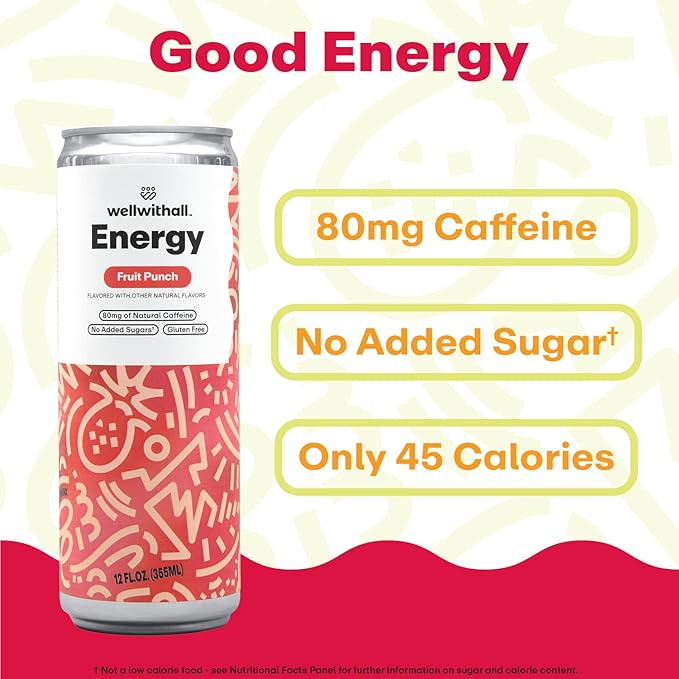 WellWithAll Energy Drink Variety Pack Fruit Punch Tropical Mango Peach Flavors Caffeine from Tea With Vitamin C Lightly Sparkling Beverage Juice Blend 12 oz 12-Pack