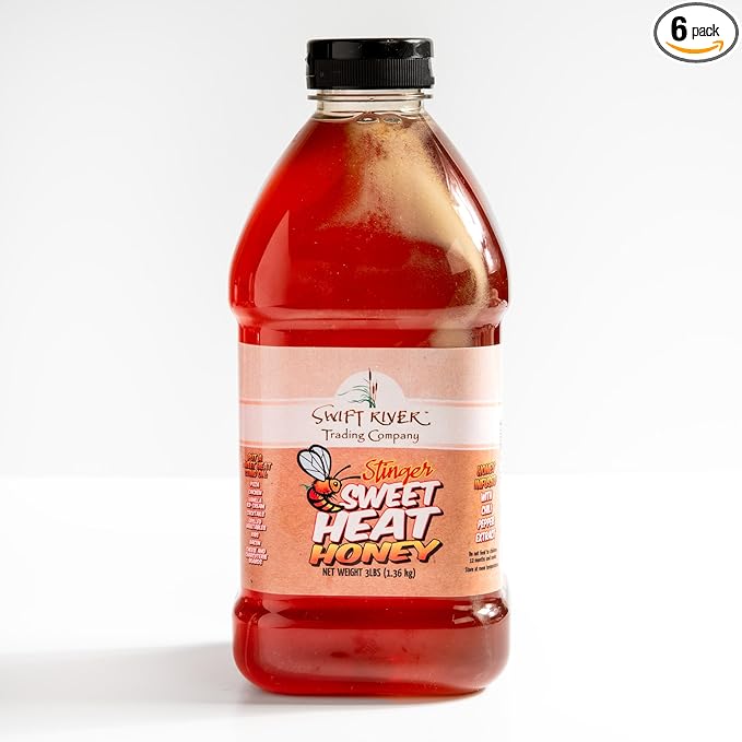 Swift River Stinger Sweet Heat Honey - 6 Count of 3 lb Squeeze Bottle Chili Pepper Infused Gourmet Quality