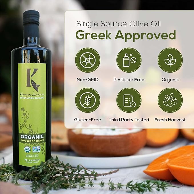 Kasandrinos Organic Olive Oil Extra Virgin Polyphenol Rich Greek Olive Oil 100% Organic First Cold Pressed Mild + Delicate Flavor Verified by Non GMO 1 L / 33.8 oz