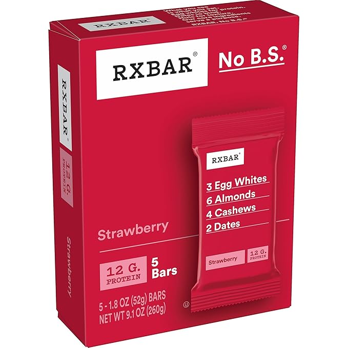 RXBAR Protein Bars 12g Protein Gluten Free Snacks Strawberry (6 Boxes 30 Bars)