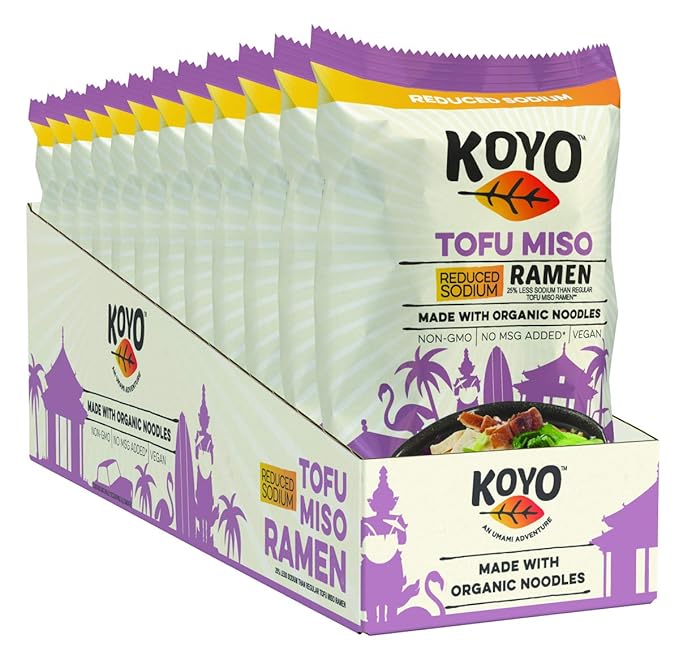 Koyo Ramen Soup Tofu Miso Reduced Sodium Made With Organic Noodles No MSG No Preservatives Vegan 2.1 Ounces Per Package (12 Pack)