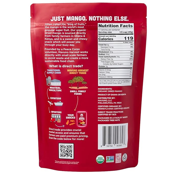 Mavuno Harvest Mango Dried Fruit Snacks | Unsweetened Organic Dried Mango Slices | Gluten Free Healthy Snacks for Kids and Adults | Vegan Non GMO Direct Trade | 1 Pound Resealable Bag