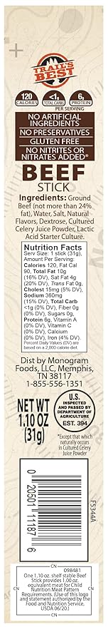 Trail's Best 1.1oz Beef Sticks – 16 Count Tubs (6 inch sticks made with all beef)