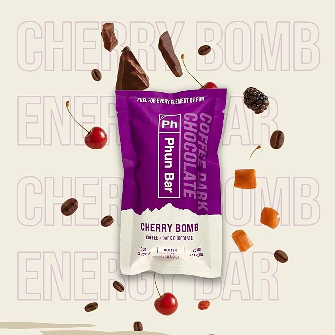 Phun Bar Cherry Bomb Energy Bars (Pack of 12) 25mg Caffeine | Coffee + Dark Chocolate + Cherry | Gluten-Free Sports Energy Bars for Cycling Hiking Training &amp Busy Days
