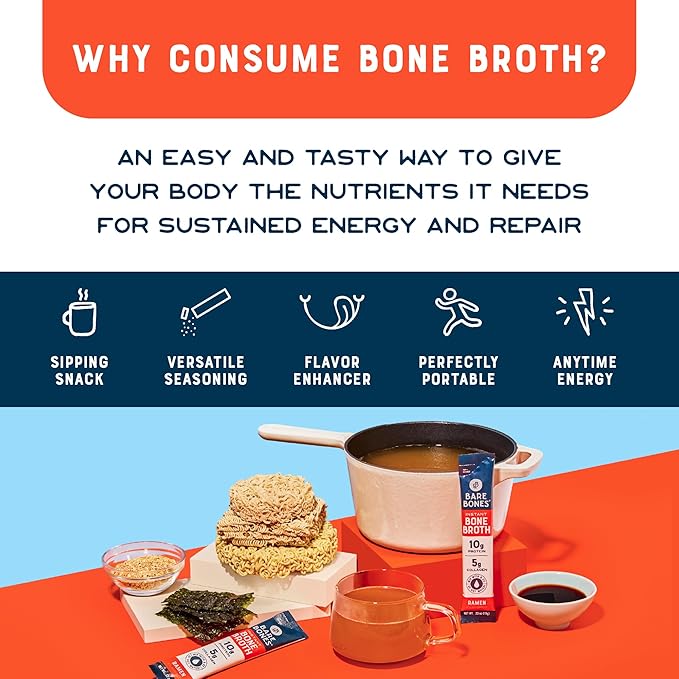 Bare Bones Ramen Bone Broth Instant Powdered Mix Packets | 5g Collagen | 10g Protein | Keto &amp Paleo Friendly | No Artificial Flavors | Non-GMO Gluten-Free Dairy-Free Rich Savory on-the-go 16 Pac