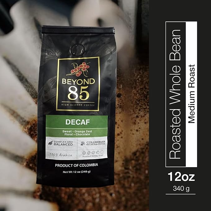 BEYOND 85 COFFEE Decaf Premium Colombian Coffee Caffeine Free Medium Roast Citrus &amp Floral Notes Whole Bean 12 OZ