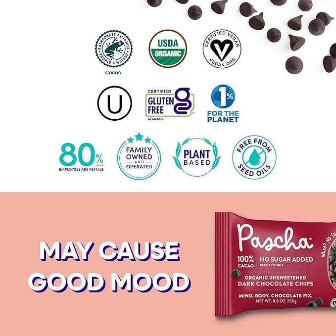 Pascha Organic 100% Cacao Baking Chips - Unsweetened Dark Chocolate - Sugar-Free Keto Vegan Baking Chocolate - Single Ingredient Rainforest Alliance Certified - Allergen-Free (Pack of 6)