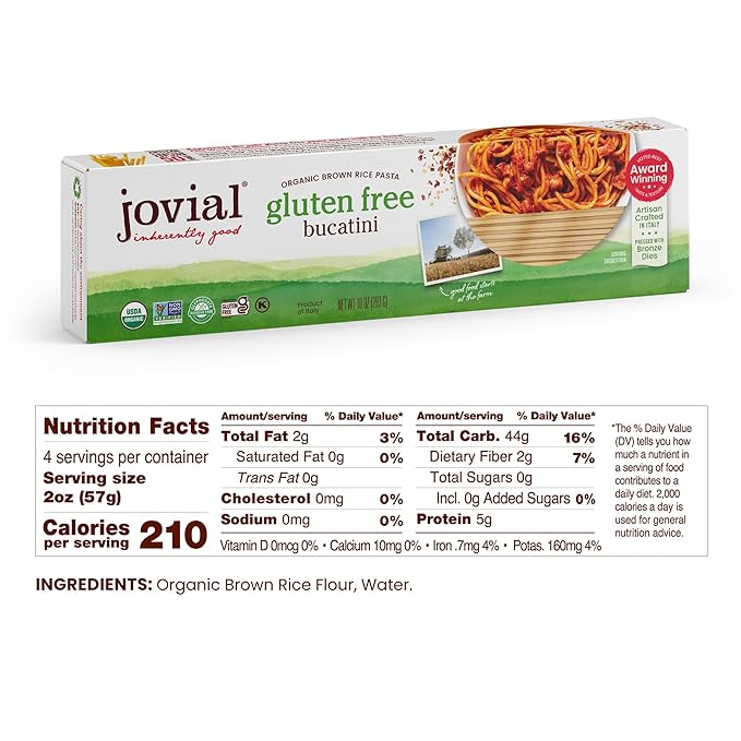 Jovial Organic Brown Rice Bucatini Pasta - Gluten Free Whole Grain Bucatini Dairy Free Made with 2 Ingredients Non GMO Artisan Crafted in Italy - 10 Oz (3 Pack)