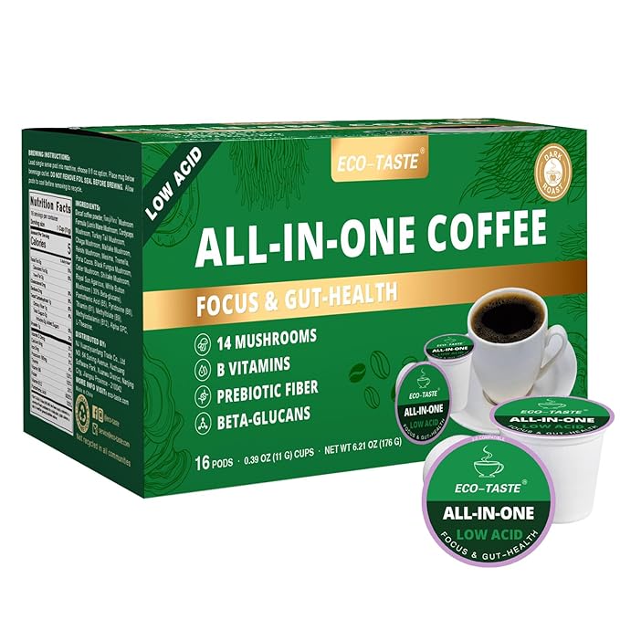 Mushroom Coffee K Cup Low Acid - Single Origin – Focus &amp Gut-Health with 14-Mushrooms Vitamins L-Theanine and Alpha GPC Single Serve Pods - No Crash or Jitters 16 Count