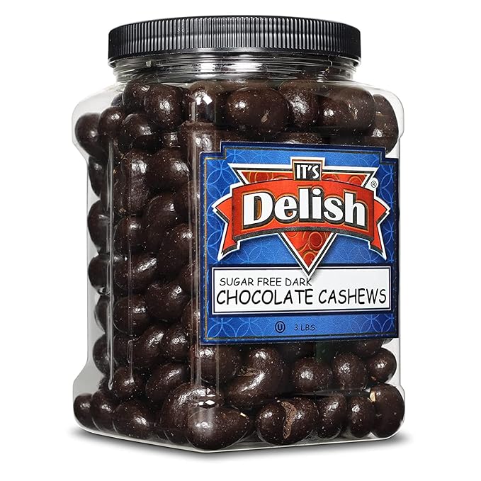 Sugar Free Dark Chocolate Covered Cashews by Its Delish 3 LBS Jumbo Reusable Container (Jar) | Gourmet Dark Chocolate Cashews Healthy Snacks Chocolate Nuts USA Made Vegan Kosher