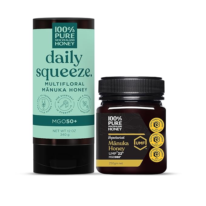 100% Pure New Zealand Manuka Honey MGO 50+ Multifloral Squeezy and UMF 22+ (250g) Bundle