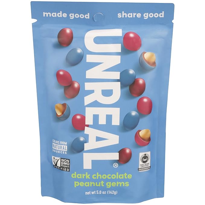 UNREAL Dark Chocolate Peanut Gems - Certified Vegan Fair Trade Non-GMO - Made with Gluten Free Ingredients and Colors from Nature - No Sugar Alcohols or Soy - 6 Bags