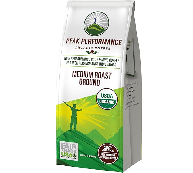 Peak Performance High Altitude Organic Coffee - Fair Trade Low Acid Non GMO and Beans Full of Antioxidants - Medium Roast Smooth Tasting USDA Certified Organic Ground Coffee Bag 12 oz