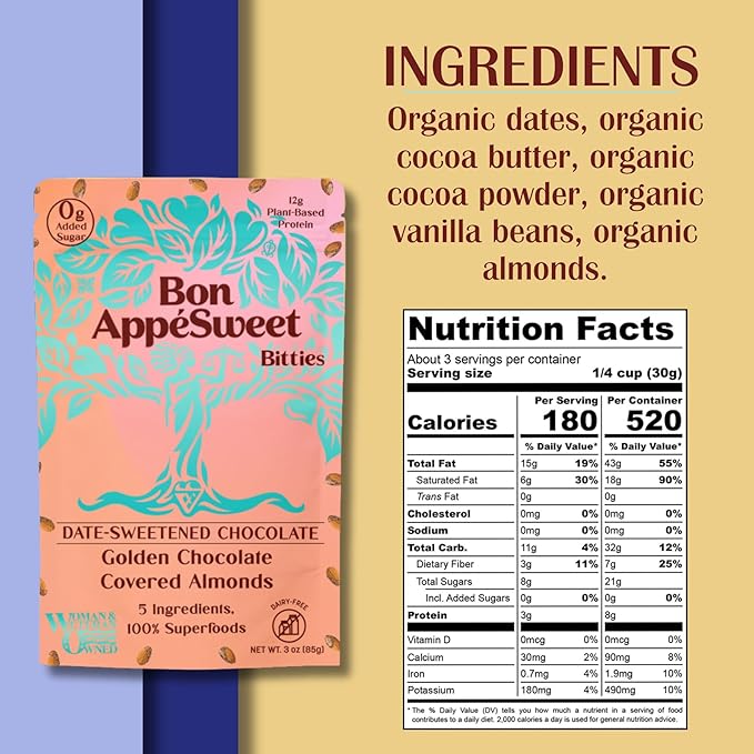 Bon Appesweet Date Sweetened Chocolate | Golden Bar Chocolate Chips &amp Golden Covered Almond Protein Snacks | Variety (Pack of 3) | Zero Added Sugar 54% Cacao Plant Based Dairy and Guilt Free!