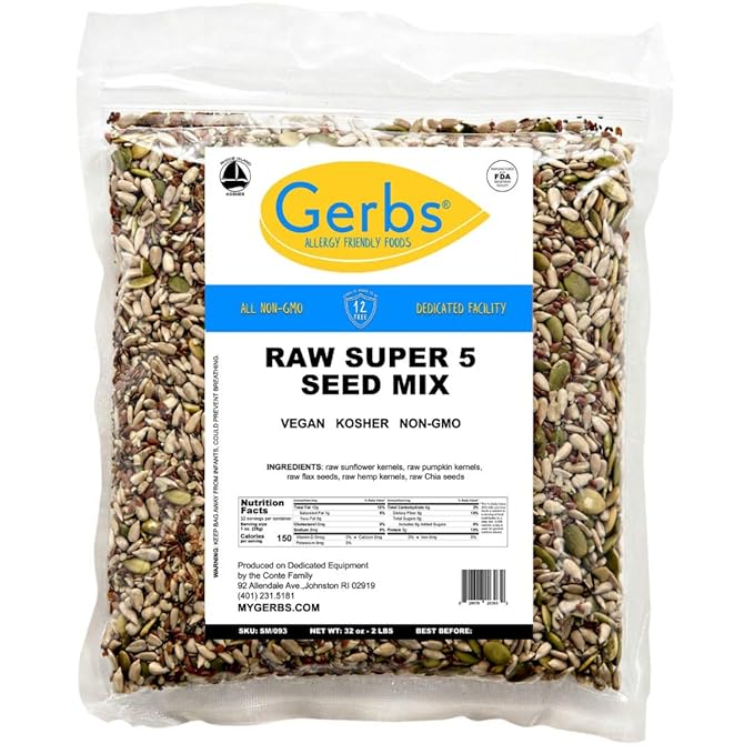 Gerbs Super 5 Seed Snack Mix 2 lbs. | Raw No Artificial Additives Resealable Bag | Crunchy Pumpkin Sunflower Flax Chia &amp Hemp Blend | Top 14 Allergen-Free