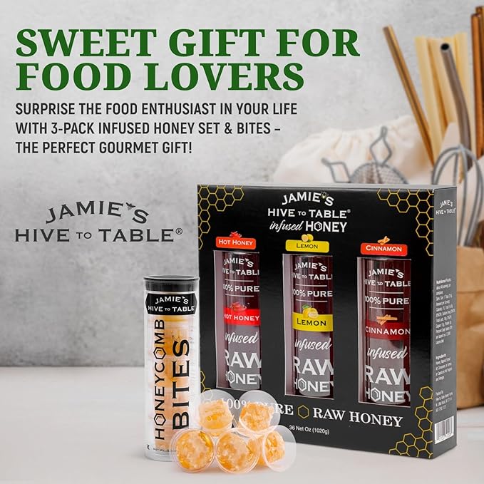 Jamie's Hive To Table Bites &amp Infused Honey Gift Set (3.3 Oz 5 Bites &amp 3x12 Oz Squeeze Bottles) – Raw Honeycomb with Bee Pollen and Propolis &amp Hot Lemon and Cinnamon Flavored Honey