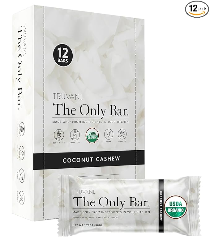 Truvani Plant Based Snack Bars | Coconut Cashew 12 Pack | 5g Protein | USDA Organic and Vegan | The Only Bar | Dairy Soy and Gluten Free | Individually Wrapped