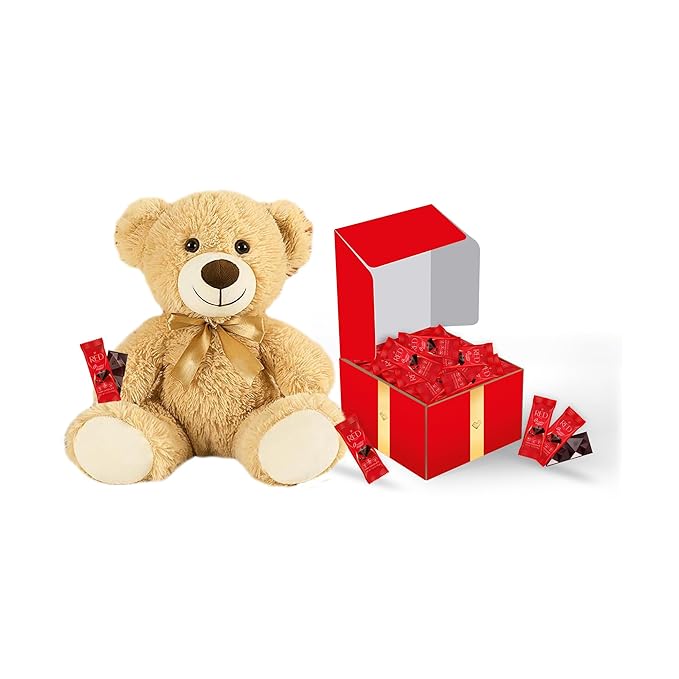 RED Delight®™ 100 Piece Chocolate Gift Box (100 Piece Gift Box w/Bite Size Bars +14 Plush Bear Dark Chocolate)