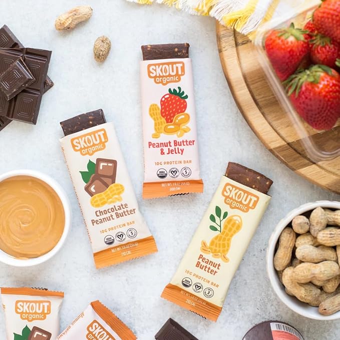 Skout Organic Plant-Based Protein Bars Peanut Butter (12 Pack) – 10g Protein – Vegan Protein Bars – Only 3 Ingredients – Easy Snack – Gluten Dairy &amp Soy Free