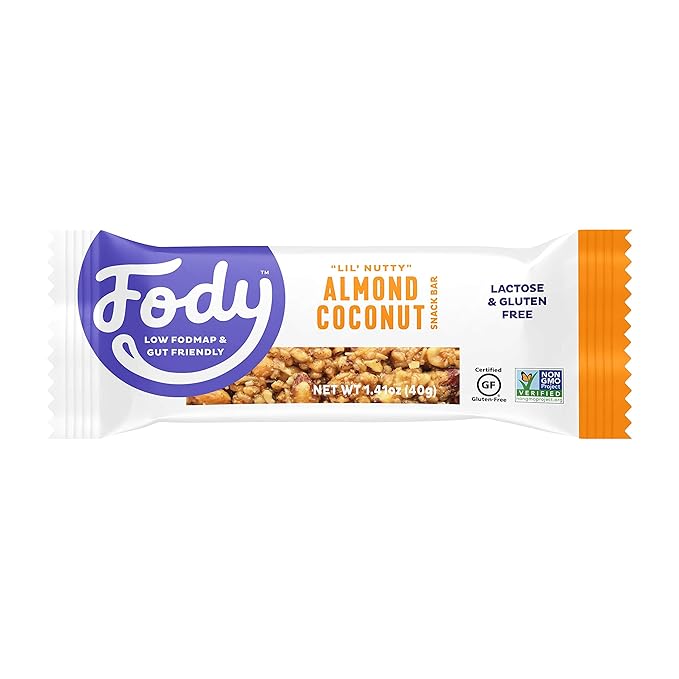 Fody Foods Snack Bars Almond Coconut 1.41 Oz (Pack of 12) 6g Protein Low FODMAP Gut &amp IBS Friendly Vegan Lactose Free Non-GMO Gluten Free