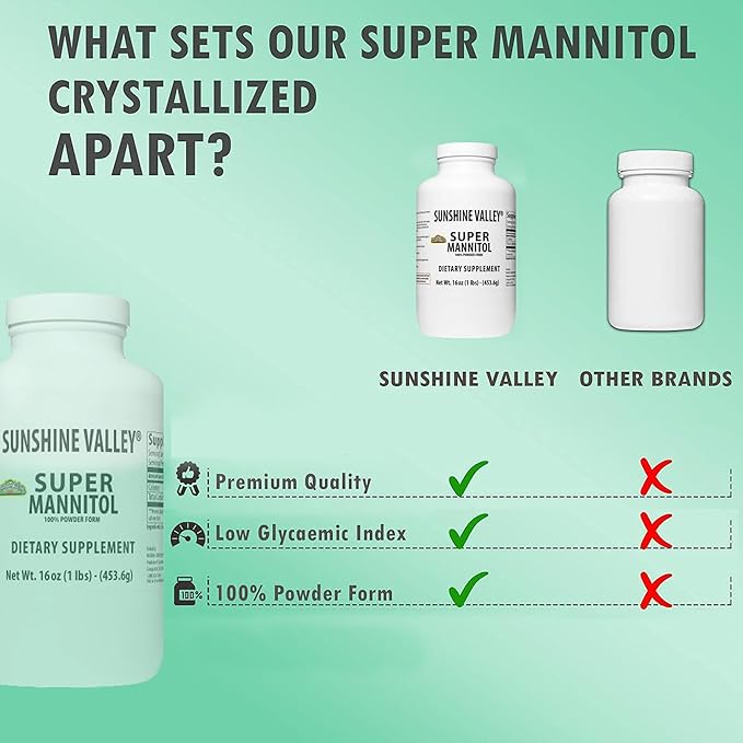 Sunshine Valley® Mannitol Powder 16 Fl Oz – Natural Sugar Substitute Low Glycemic Sweetener Pure Dietary Supplement for Baking Coffee &amp Daily Use