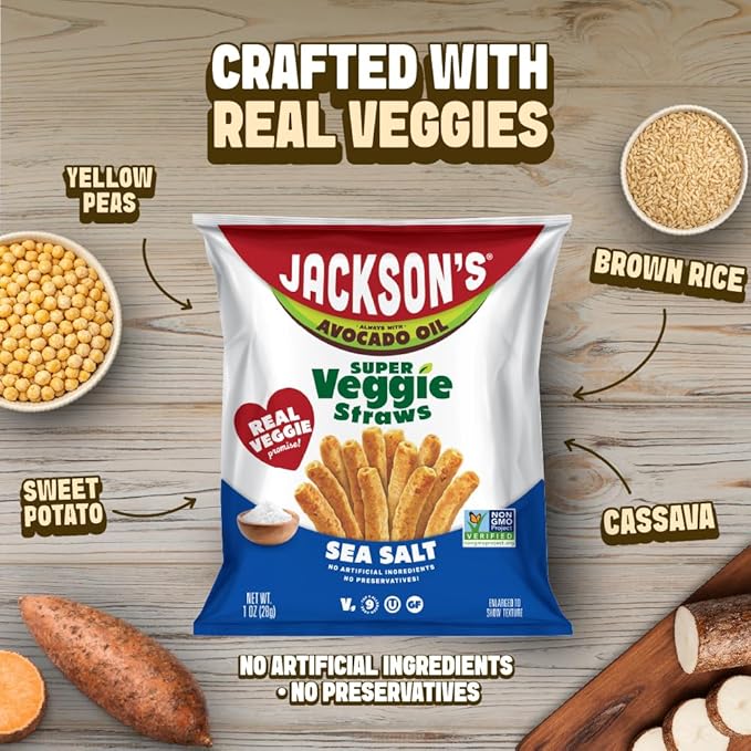 Jackson’s Super Veggie Straws™ (Sea Salt 1 oz Pack of 18) – Gluten Free Vegan Snacks for Kids &amp Adults – Made with Premium Avocado Oil – Allergen-friendly Veggie Straws Individual Bags