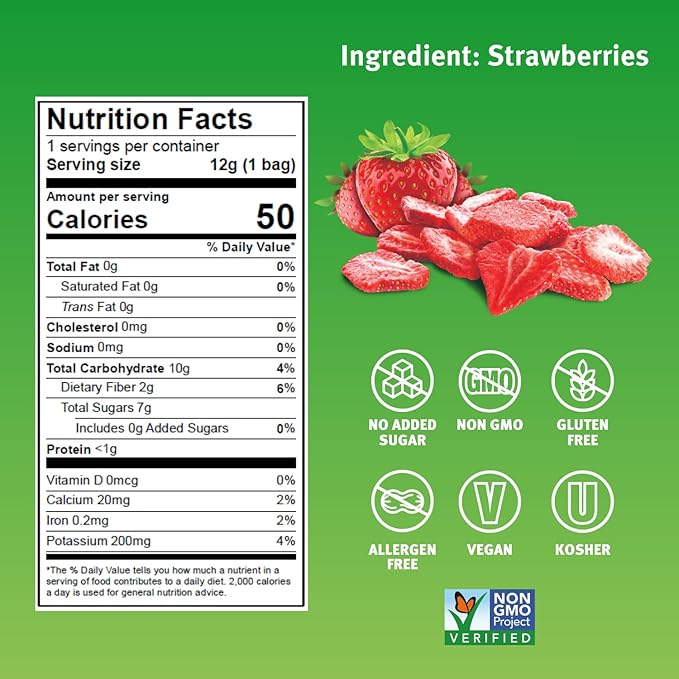 Crispy Green Freeze-Dried Strawberry Fruit Snacks 0.42 Oz (Pack of 12) 100% Pure Fruit All-Natural No Added Sugar Single-Serve Bags for Healthy Snacks &amp School Lunches