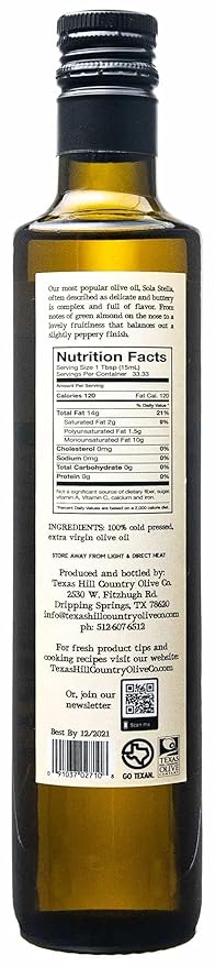 Sola Stella Extra Virgin Olive Oil - Cold Pressed Gourmet EVOO Olive Oil - Uniquely Smooth &amp Buttery - Perfect for Cooking Baking &amp Finishing - Award Winning &amp Made in Texas (16.9 oz 2 Pa