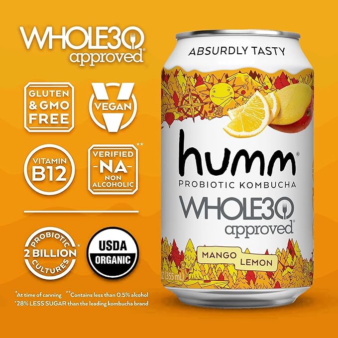 Humm Whole30 Approved Kombucha Mango Lemon Organic Vegan &amp GMO Free (12 Pack)