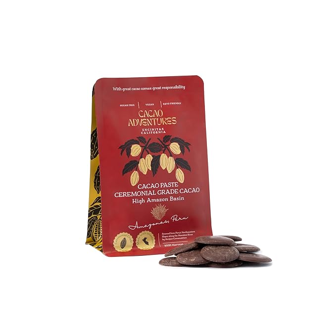 Cacao Adventures Ceremonial Grade Cacao | 100% Pure | Dairy Free &amp Vegan | Unsweetened | Ethically sourced and sustainably grown |Vegan Peruvian| 8 oz
