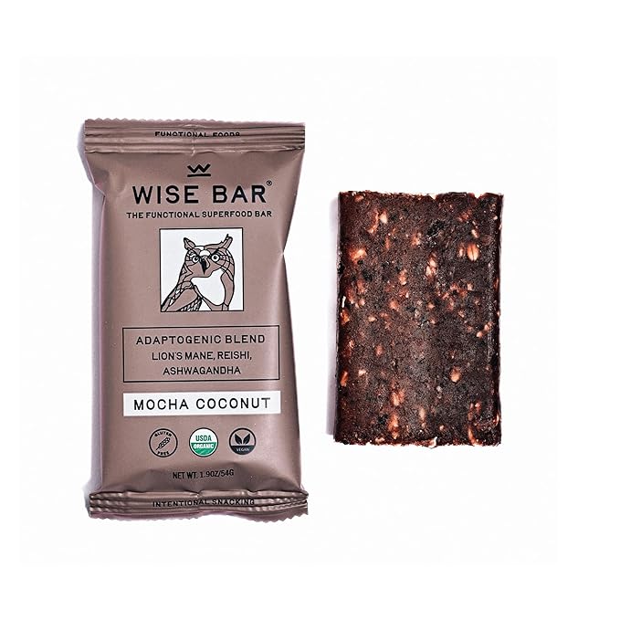 Wise Bar Adaptogen Mushroom Nutrition Bars with Reishi Lions Mane &amp Ashwagandha Organic Vegan &amp Gluten Free Snacks for Natural Focus Energy &amp Immunity Support Mocha Coconut Flavor 12
