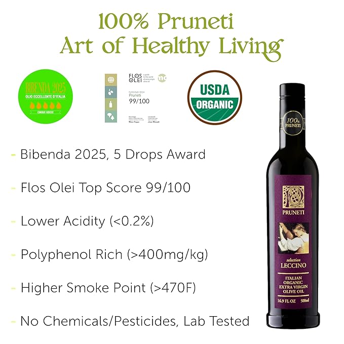 Pruneti Leccino Organic Extra Virgin Olive Oil from Tuscany – 2025 Gold Award Winning Italian Olive Oil from Italy – 400+ mg/kg Polyphenols evoo – First Cold pressed for Drinking &amp Finishing Use