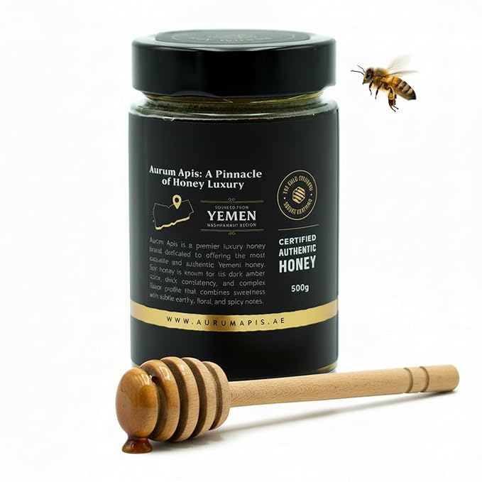 Aurum Apis Raw Yemeni Sidr Honey 100% Raw Unfiltered Pure Honey Hand Harvested Organic Honey Non-GMO Unprocessed Certified Organic Honey from Sidr Tree Blossoms Rich Flavor &amp Aroma Honey Jar