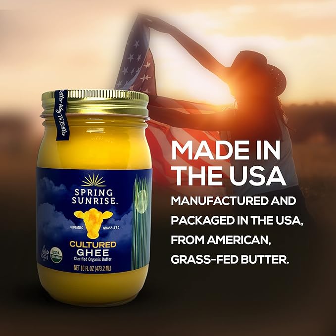 Spring Sunrise Grass Fed Organic Cultured Ghee - USDA Certified Clarified Butter - Keto &amp Paleo Friendly Non-GMO Gluten &amp Lactose Free Cooking Oil - Sustainably Sourced 16 oz Jar