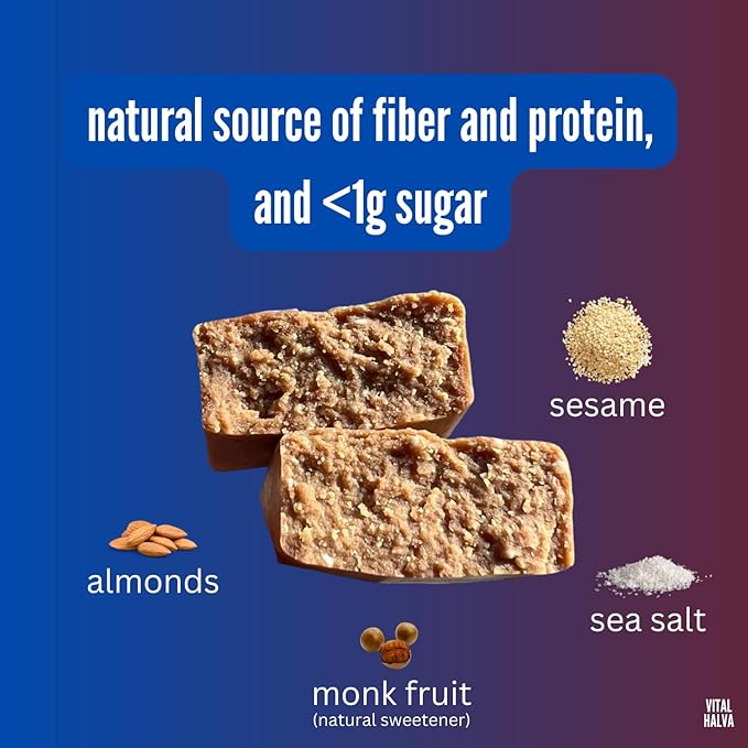 Vital Halva Gut-Friendly Sesame Bar 19g Fiber 12g Protein &lt1g Sugar Gluten-Free Vegan Snack - Original 65g (Box of 10)