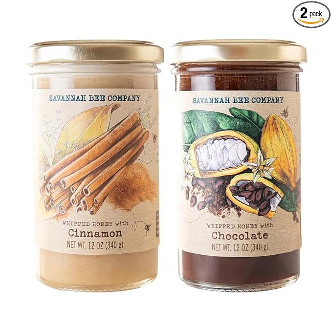 Whipped Honey Gift Set by Savannah Bee - Creamy Smooth Spreadable and absolutely Delicious - 100% Natural and Pure Honey - 12 Oz (Cinnamon and Chocolate)