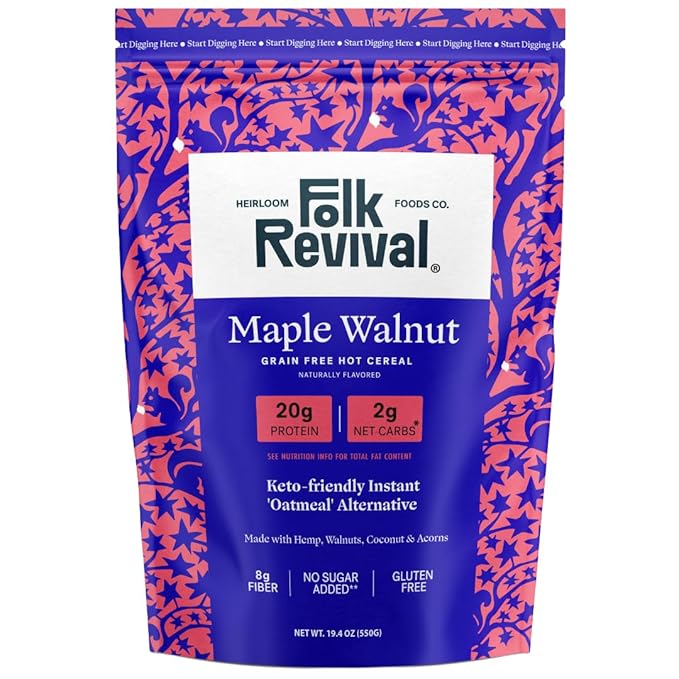 Folk Revival Maple Walnut Keto Instant 'Oatmeal' - 20g Protein 2g Net Carbs High Fiber Non GMO Gluten Free Made with Acorns - 19.4 Oz (550g) - 10 Servings Per Pouch