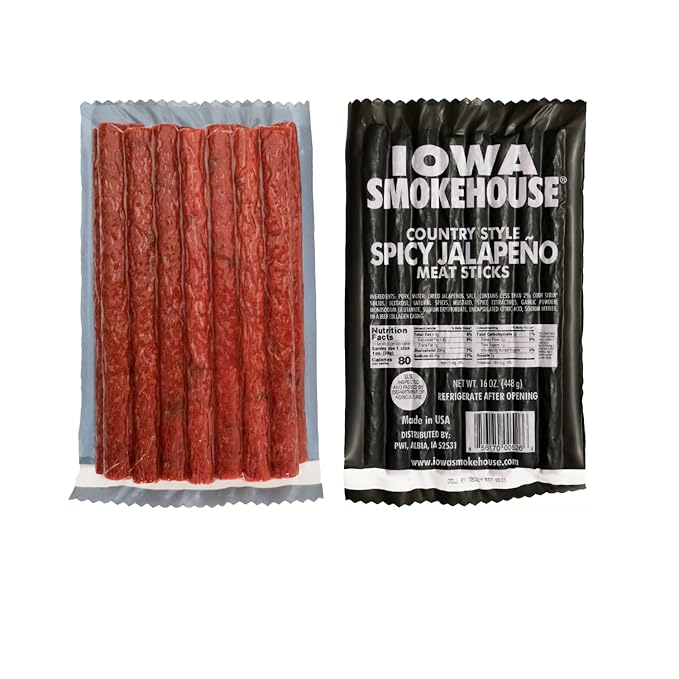 IOWA SMOKEHOUSE Country Style Meat Sticks Spicy Jalapeno- Delicious Meat Snack - Vacuum Sealed &amp Ready to Eat Sticks - 7g of Protein Made with all USA Pork - 16 Oz (16 sticks per pack)