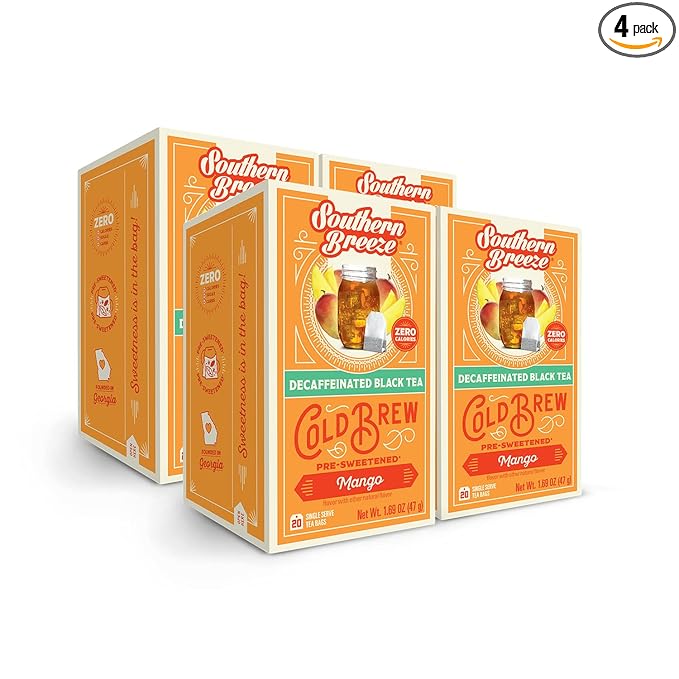 Southern Breeze Decaf Cold Brew Sweet Tea Mango Iced Tea with Black Tea and Zero Carbs Zero Sugar 20 Individually Wrapped Tea Bags Pack of 4
