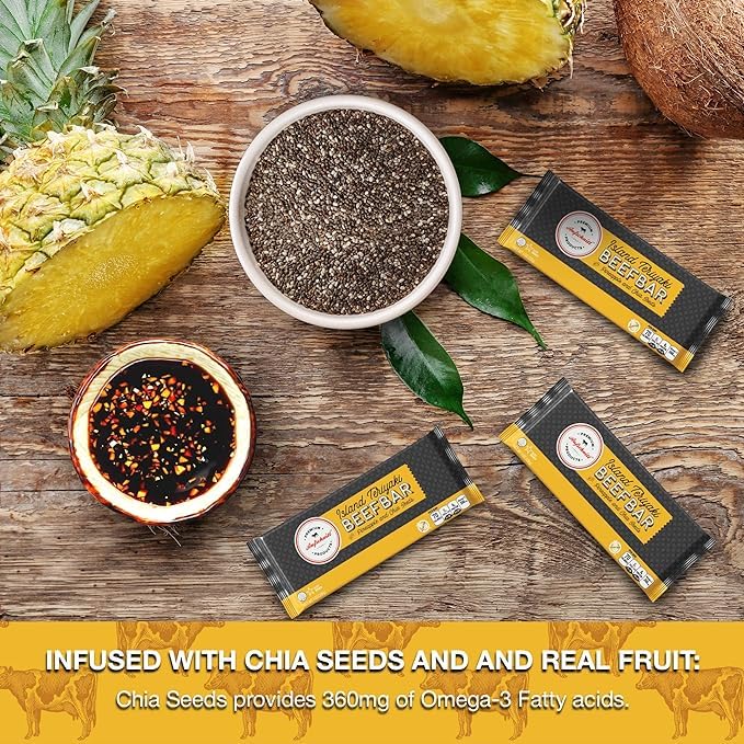Aufschnitt Beef Bars - High Protein Snack with Grass Fed Beef - Kosher and Keto Friendly - Island Teriyaki Flavor with Pineapple and Chia Seeds 24 Count
