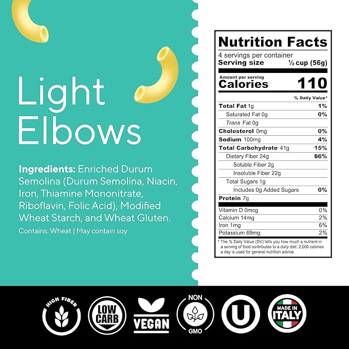 Fiber Gourmet Low Net Carb Pasta Elbow Macaroni - Keto Friendly High Fiber Low Calorie Italian Made Noodles - Vegan Non-GMO Kosher - 48% Fewer Calories Than Regular - 2 Pack