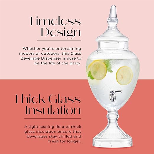 Beverage Dispenser for Countertop - 1 Gallon Large Glass Drink Dispenser w/Spigot &amp Lid - Party Drink Dispenser for Sweet Tea Lemonade Punch Water Juice Dispensers for Parties