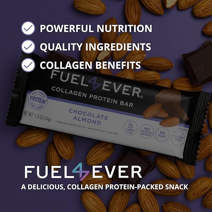 Fuel 4 Ever Collagen Protein Bars | 14G Protein Gluten Free Dairy Free No Stevia or Artificial Ingredients Added Sweetened with Honey | Chocolate Almond Flavor (Box of 12)