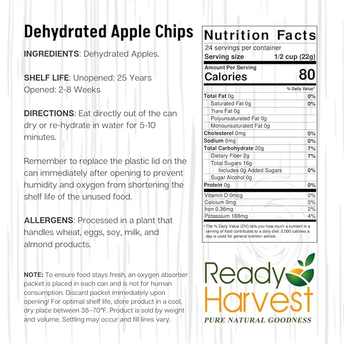 Ready Harvest Dehydrated Food - Apple Chips | Emergency Food | Camping &amp Survival Kits | #10 Can | 25-Year Shelf Life | Cans Filled to the Top