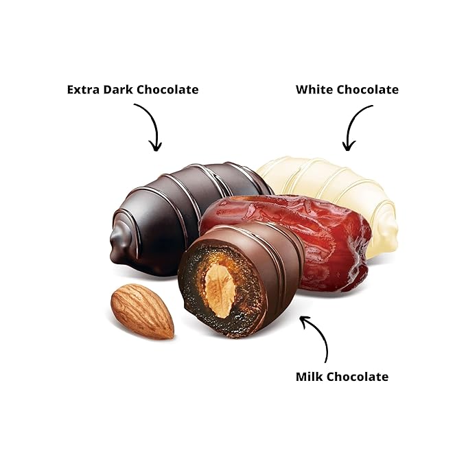 Kitchen &amp Love Assorted Chocolate Covered Almond Stuffed Dates in a Convenient Resealable Pouch 8 Individually Wrapped Pieces Healthy Snack 3.5 oz pouch (Pack of 4)