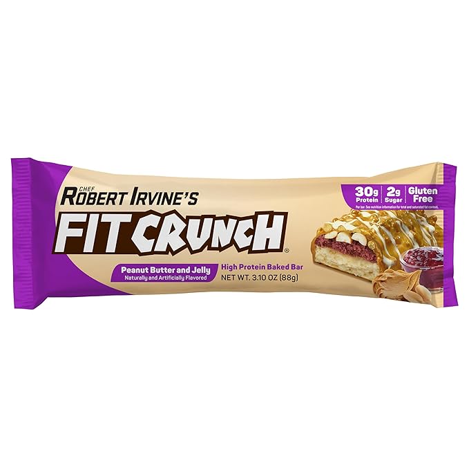 FITCRUNCH Full Size Protein Bars 6-Layer Baked Bar 2g of Sugar Gluten Free &amp Soft Cake Core (12 Bars Peanut Butter and Jelly)