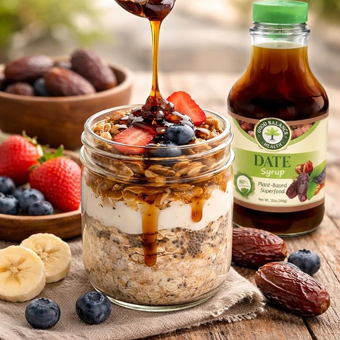 Good Balance Health Organic Date Syrup Sweetener Natural Sugar Alternative for Coffee Tea Baking and Cooking Vegan Paleo Gluten Free Kosher 22.5 oz Squeeze Bottle