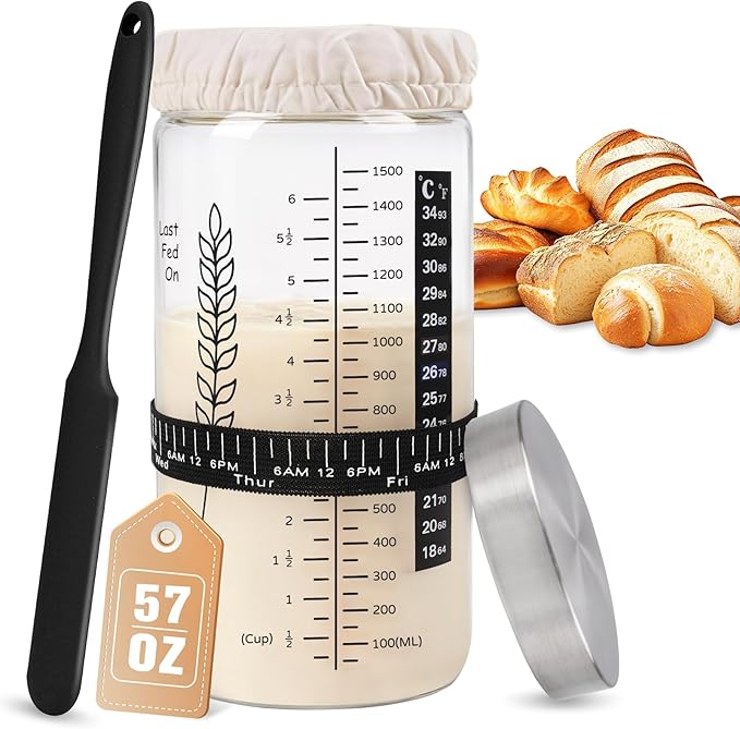 57oz Sourdough Starter Jar Kit Extra Large Capacity Sourdough Jar Wide Mouth Sourdough Bread Starter Kit for Perfect Sour Dough Bread Glass Jar for Baker (Black)