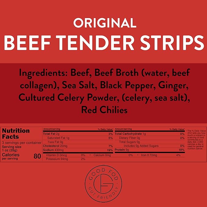 Good Fod Foods Tender Beef Jerky Steak Strips – Low FODMAP Keto Snacks Gluten-Free Sugar-Free Jerky No Nitrites No Nitrates 100% USA Beef 3 Ounce Original 6 Pack